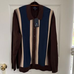 Ben Sherman Men's Retro Brown and Blue Striped Sweater - Size XL